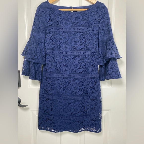 Eliza J Size 2 Navy Blue Lace Sheath Dress Fully Lined Bell Sleeves GUC … - Picture 1 of 15
